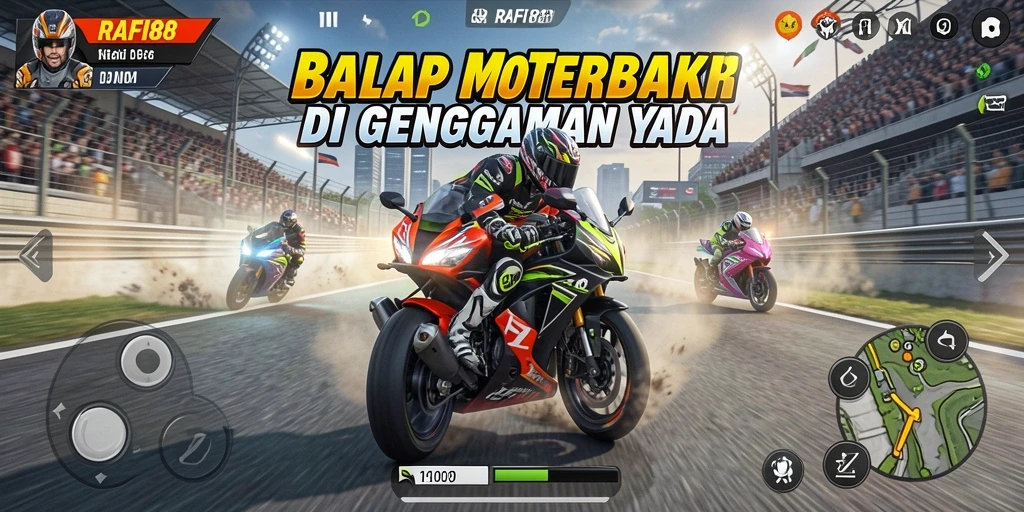 Tampilan gameplay RAFI88 yang penuh aksi di sirkuit balapan.