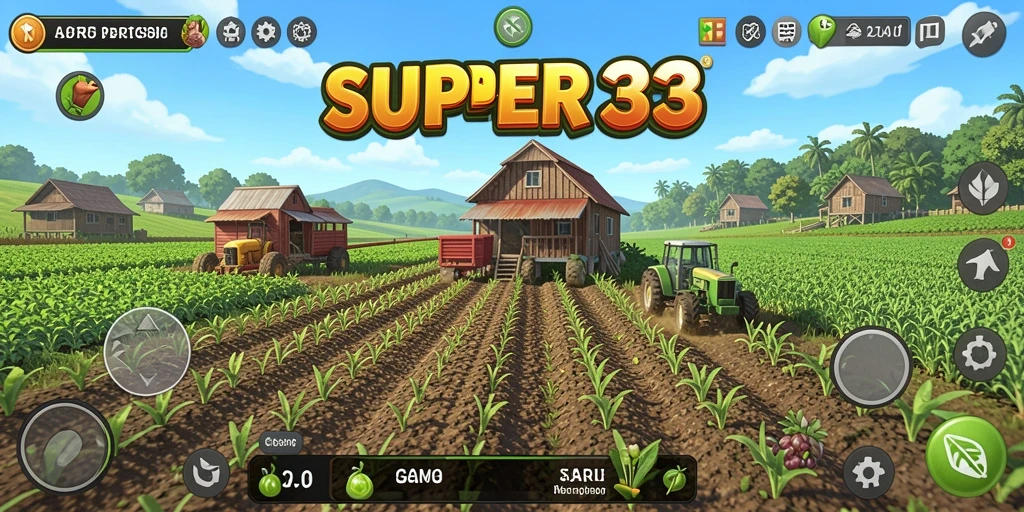 Tangkapan layar gameplay <strong>SUPER33</strong> menunjukkan ladang pertanian yang rimbun dan berwarna-warni.
